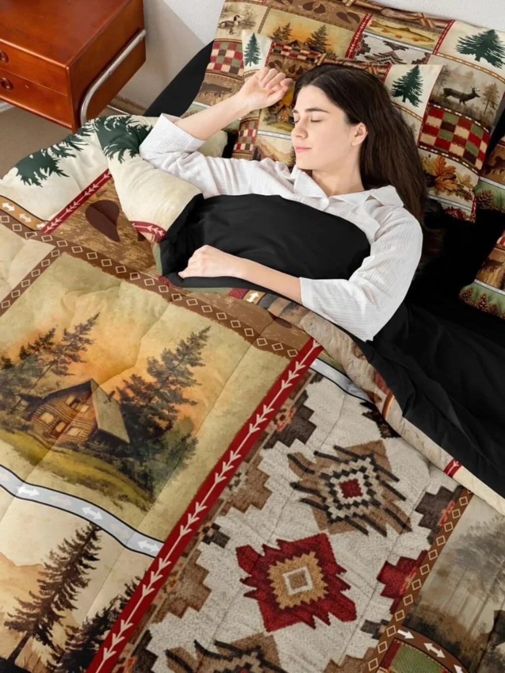 Rustic Cabin Comforter Set Queen Size,7 Pieces Farmhouse Lodge Bedding Set,Wildl